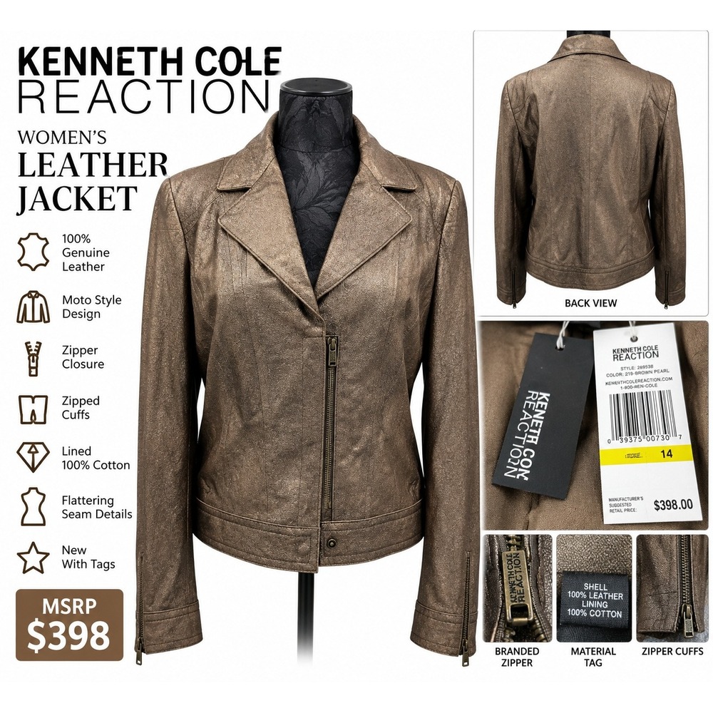Kenneth Cole Reaction Womens Leather Moto Jacket Brown Pearl Size 14 NWT $398